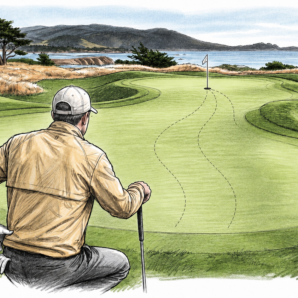 Illustrated golfer reading a green on a coastal golf course