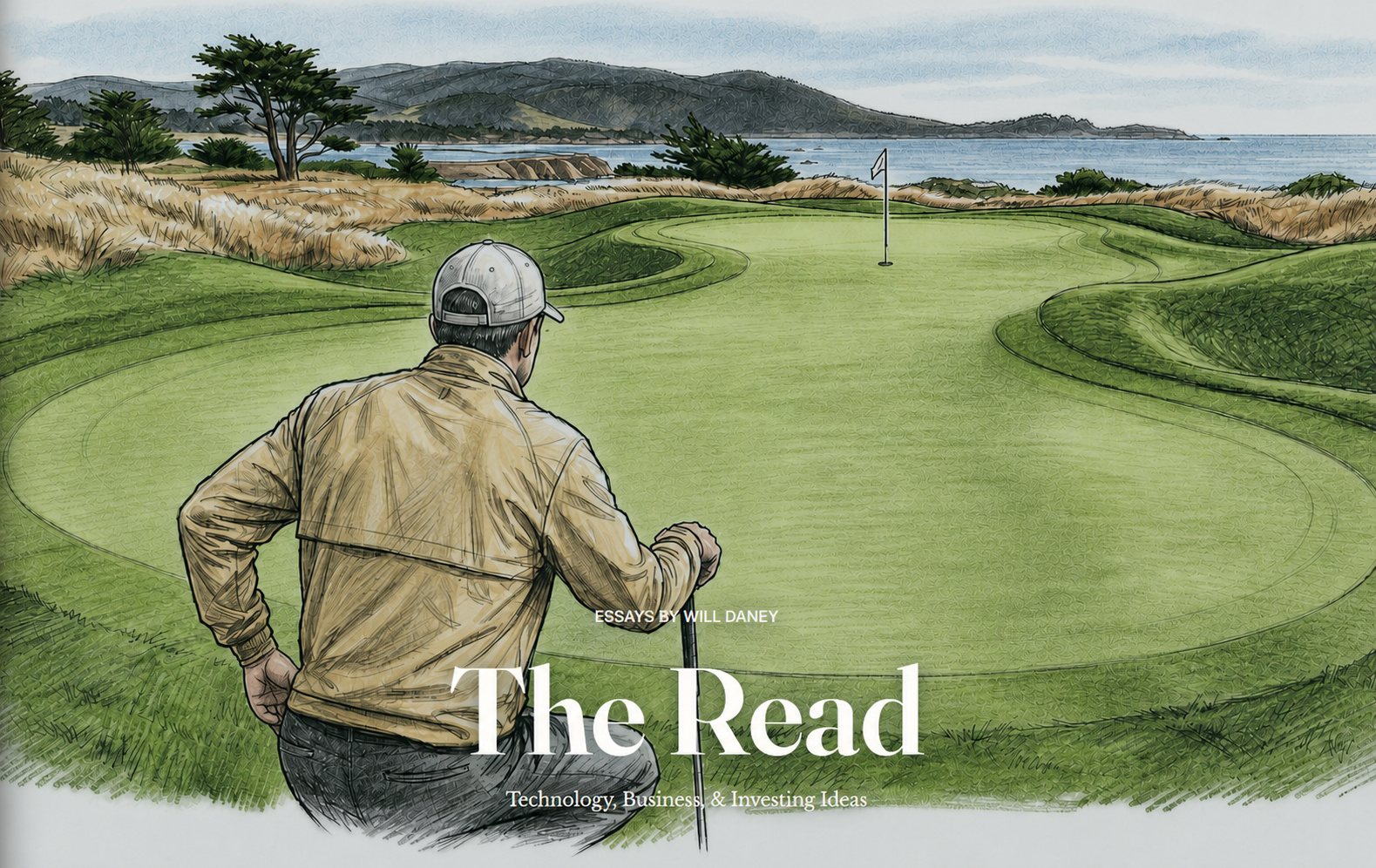 Illustrated golfer reading the break on a coastal green